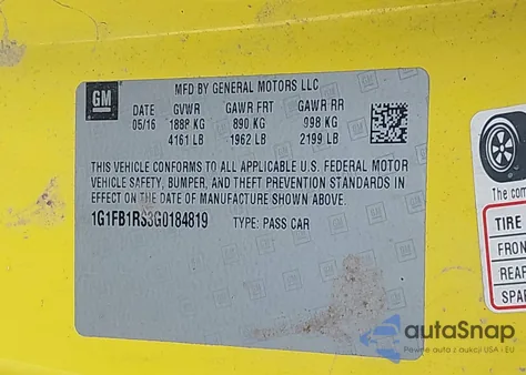 2016 Chevrolet Camaro 1Lt из США, поврежденный, VIN 1G1FB1RS3G0184819